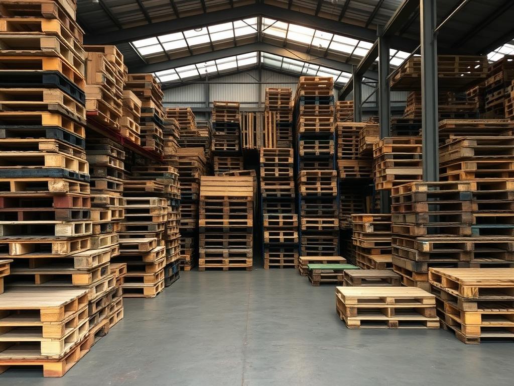 The warehouse is filled with old pallets.фото